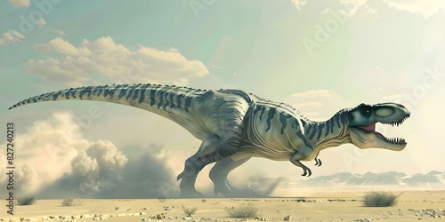 A furious TRex lets out a deafening roar on ancient plains. Concept Dinosaurs, Prehistoric Animals, Roaring Creatures, Ancient Landscapes, T-Rex photo