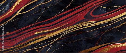 Abstract Marble Wave Acrylic Background. Unique texture of black and red Marble with golden Ripple Pattern.