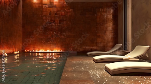 Wallpaper Mural Luxurious indoor spa pool with lounge chairs and warm lighting. Perfect for relaxation and unwinding. AI Torontodigital.ca