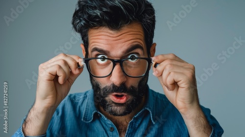 Man Adjusting His Glasses in Surprise photo