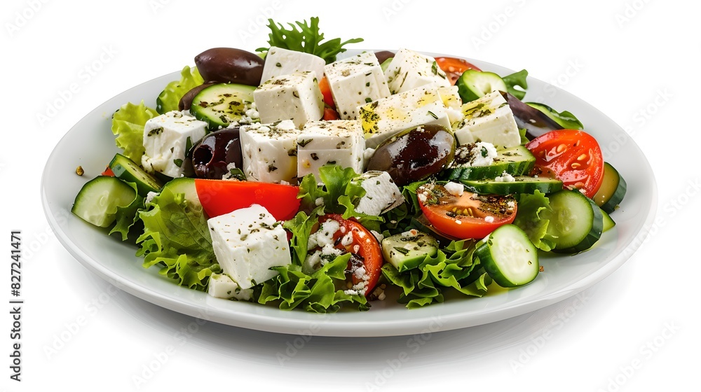 Greek salad with fresh vegetables and feta cheese. Simple and delicious. Vibrant colors and healthy ingredients in a classic style. Perfect for a summer meal. AI Greek salad with fresh vegetables and feta cheese. Simple and delicious. Vibrant colors and healthy ingredients in a classic style. Perfect for a summer meal. AI