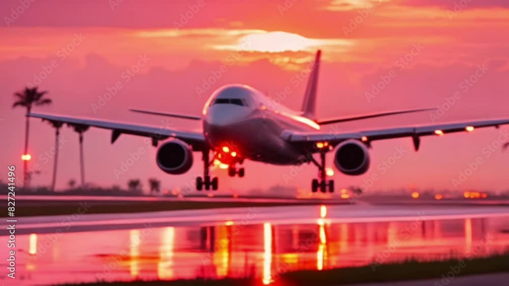 A passenger plane lands against the backdrop of sunset at the airport. Travel and tourism. A passenger plane lands against the backdrop of sunset at the airport. Travel and tourism.