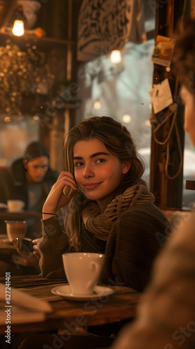 Teenage Girl Experiencing a Nervous Crush in a Cozy Café Setting with Soft Lighting and Rustic Decor