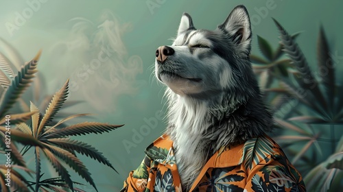 Surreal of Stoned Alaskan Malamute Wearing Marijuana Reggae Style Clothing