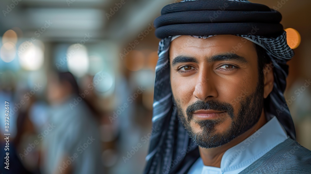 emirati arab at office wearing kandura looks to the front which is ideal for the middle east business concept arab man within a corporate setting with coworkers in the background emirati arab at office wearing kandura looks to the front which is ideal for the middle east business concept arab man within a corporate setting with coworkers in the background