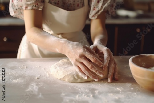 Close up of unrecognizable female baker's hands kneading dough and making bread. She is making a homemade bread and finalizing the dough photo