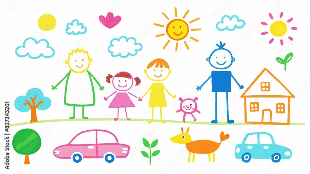 Naklejka premium Hold on tight! A child's chalk drawing brings cars and trucks to life in a vibrant display of color.