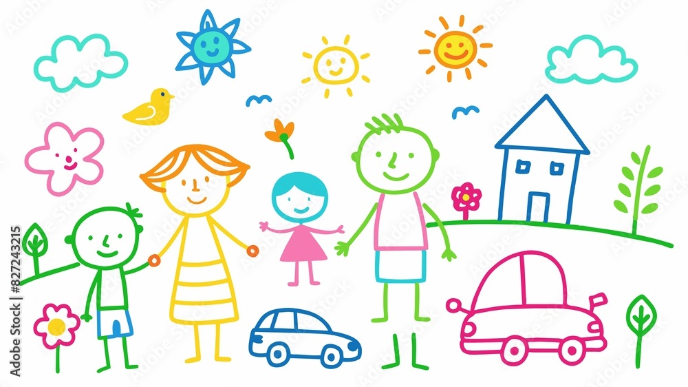 A child's perspective on the world is showcased in this hand-drawn chalk artwork featuring a sunny sky and stick figures.