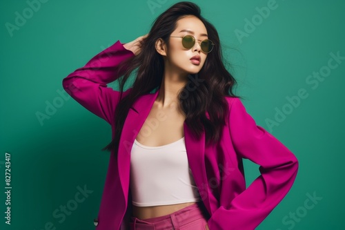 fashionable asian young woman in sunglasses and bright pink jacket posing in studio on color background © alisaaa