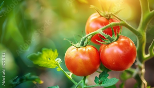 Ripe tomatoes on green vine for autumn vegetable harvest in organic greenhouse farm