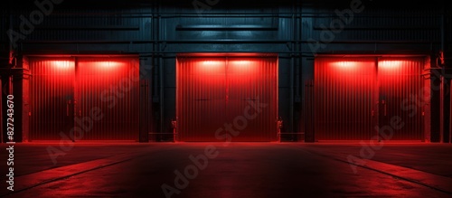 The exterior of a warehouse building with a large door at night, vibrant red color and bright lights. Generative Ai.