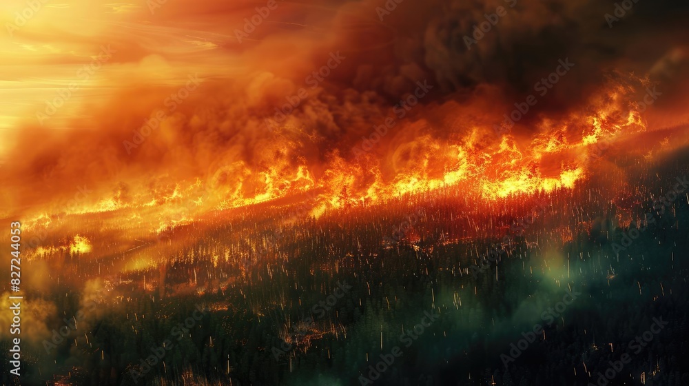 Intense forest fire spreading rapidly with bright flames and thick smoke, capturing the raw power and devastation of nature. Intense forest fire spreading rapidly with bright flames and thick smoke, capturing the raw power and devastation of nature.