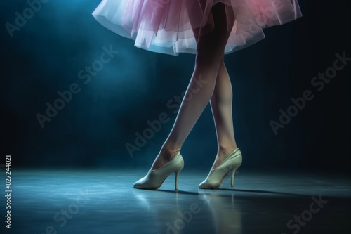 low section of ballet dancer woman dancing on dark stage