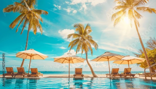 Luxury beach resort hotel swimming pool  palm trees  blue sky  summer island seaside relax