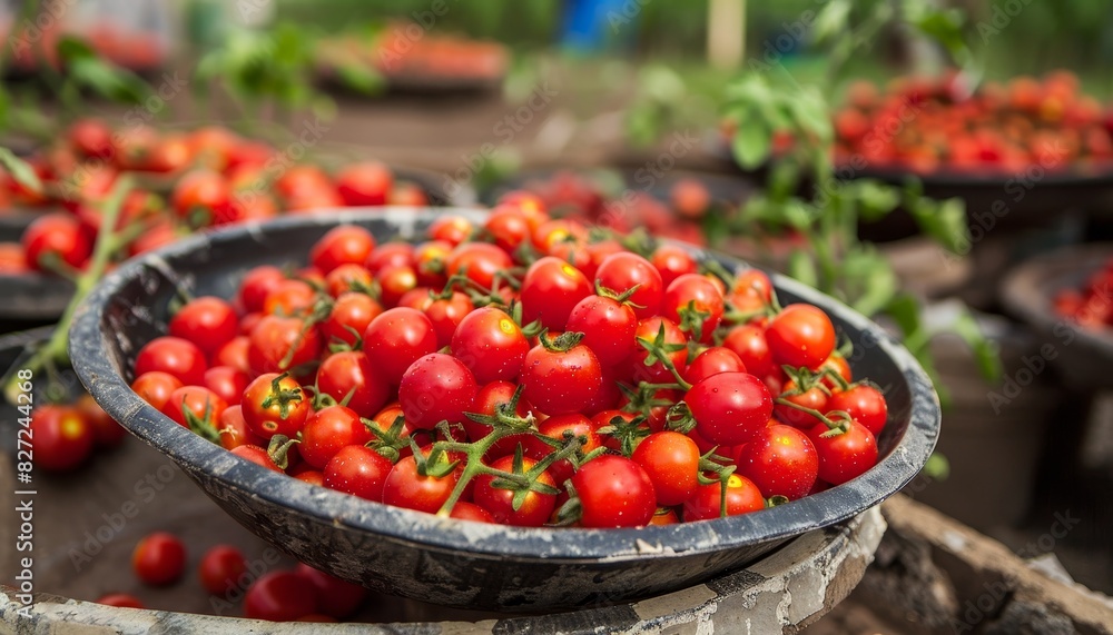 Organic red tomatoes on summer market tray, fresh local farm agriculture background Organic red tomatoes on summer market tray, fresh local farm agriculture background
