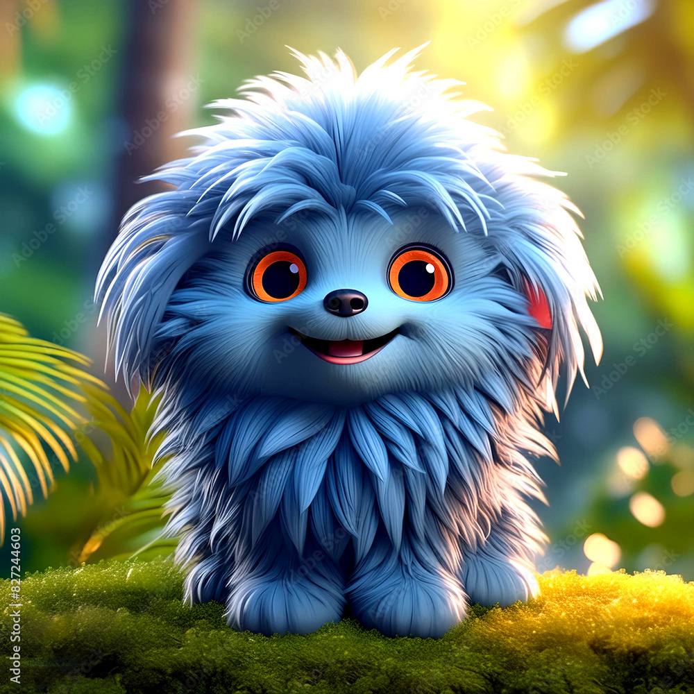A smiling, fuzzy, long haired, soft, 3D cartoon character blue puppy with big brown eyes A smiling, fuzzy, long haired, soft, 3D cartoon character blue puppy with big brown eyes