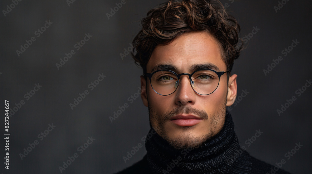 Fototapeta premium Attractive male model with stylish hair and eyewear posing confidently
