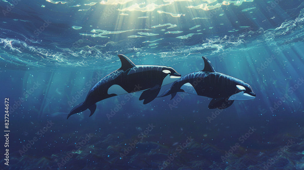 Obraz premium 海中を優雅に泳ぐ2匹のシャチ