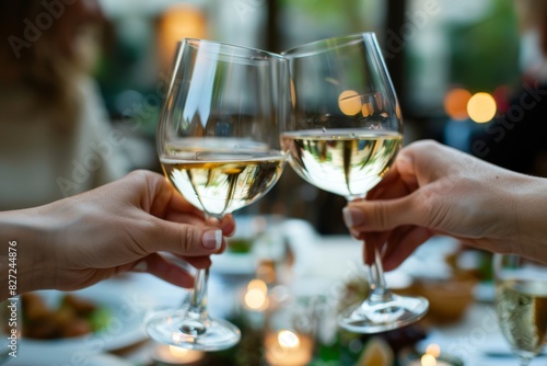 Elegant celebration with people toasting with white wine glasses at social event © Sergej Gerasimov