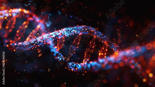 A dynamic DNA strand, vibrant colors shifting from blue to red, glowing particles creating a sense of illumination, dark background © otter2