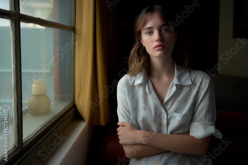 portrait of serious young woman with arms crossed looking out of window