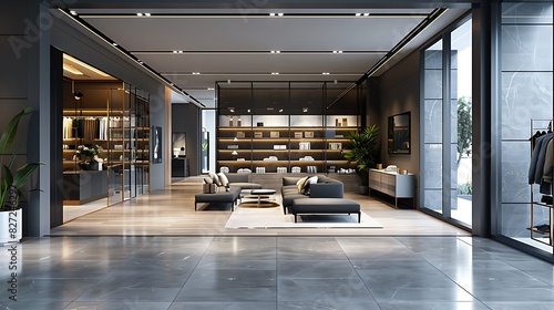 Modern retail store with sleek displays and stylish decor, realistic interior design