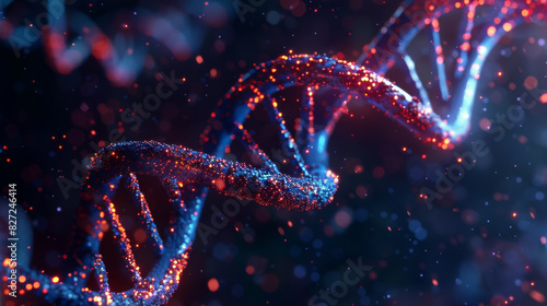 A three-dimensional DNA double helix, vivid transition from blue to red, illuminated by tiny glowing particles, dark background