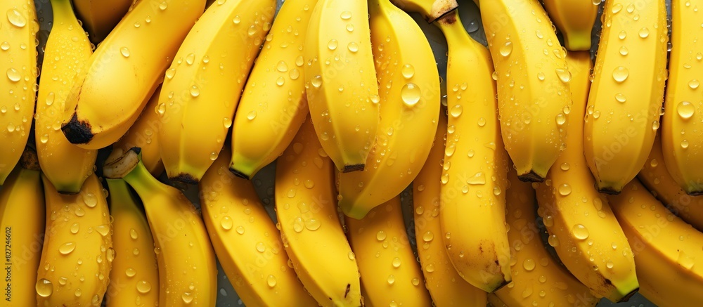 Top and flat view of the texture pattern of fresh banana fruit with dripping water. Generative Ai. Top and flat view of the texture pattern of fresh banana fruit with dripping water. Generative Ai.