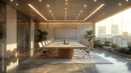 Modern meeting room with a large  statement table and sleek chairs  realistic interior design