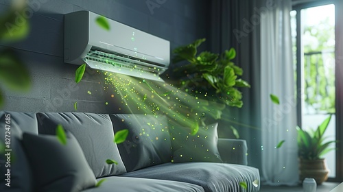 A living room air conditioner with advanced bacteria-clearing technology. Fresh air quality symbolizes the removal of green bacteria with the airflow from the AC.