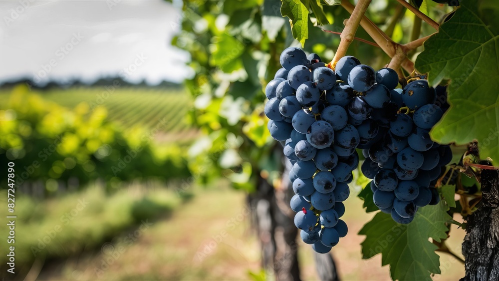 Bunch of ripe grapes hanging in a sunny vineyard, Winemaking and agriculture concept