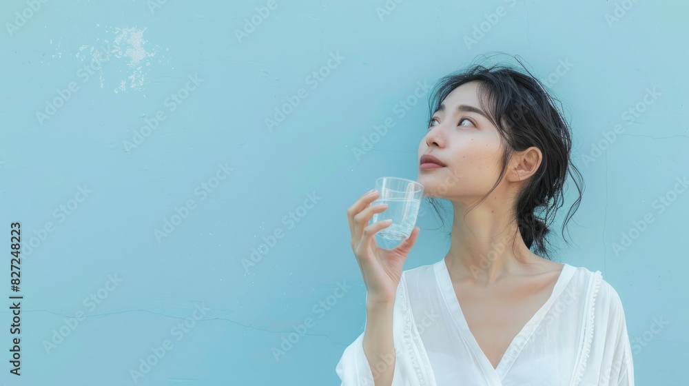 Asian woman holding a glass of water on a blue background Asian woman holding a glass of water on a blue background