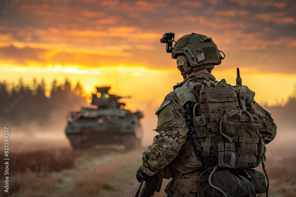 Soldier observing tank at sunset Soldier observing tank at sunset