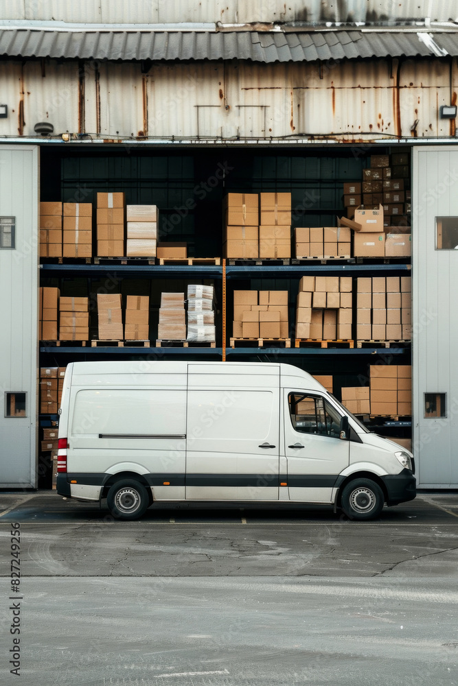 Fototapeta premium A white van is parked in front of a warehouse full of boxes