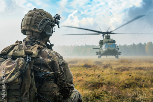 Soldier awaiting helicopter in a field
