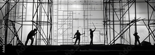 4. **Blueprint Realization**: Frame a shot of workers erecting steel beams against the backdrop of architectural blueprints, leaving ample space for a caption emphasizing the transformation from