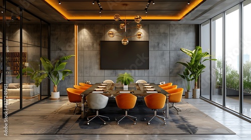 Meeting room with a mix of bold colors and neutral tones, realistic interior design