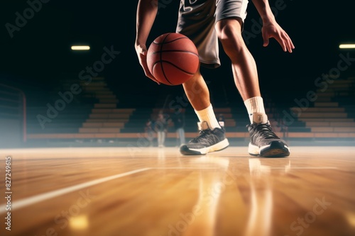 Unrecognizable basketball player dribbling. Basketball player is dribbling on the basketball court.  © alisaaa