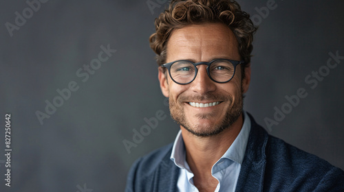 Handsome businessman with stylish glasses, smiling confidently with copyspace