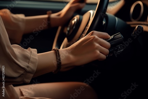 Woman s hand on automatic gearshift  Close up of unrecognizable woman holding her hand on automatic gearshift while driving a car. Photographed in medium format