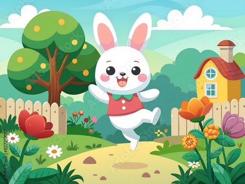  A cute rabbit is hopping in a garden full of flowers.