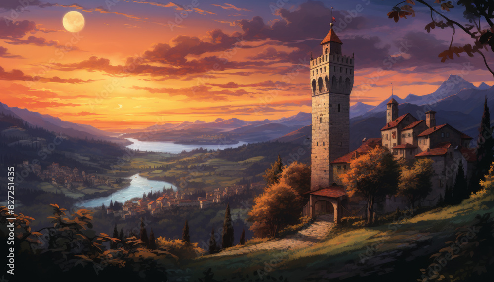 A beautiful landscape with a large tower in the background A beautiful landscape with a large tower in the background
