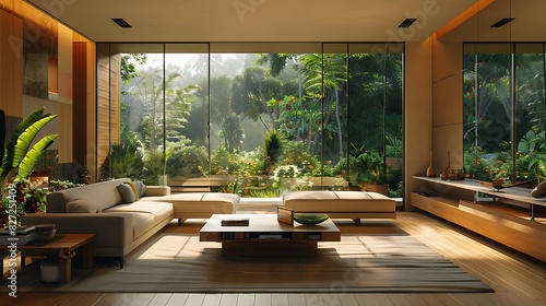 Living room with floor-to-ceiling windows and abundant natural light, realistic interior design