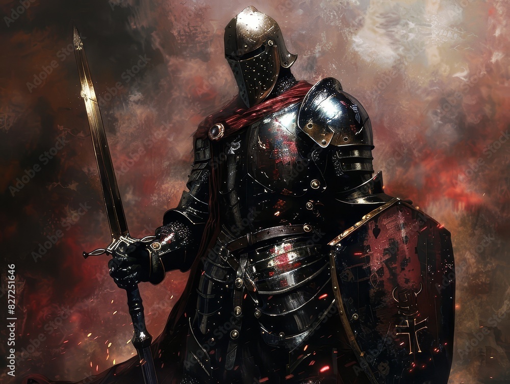 Naklejka premium A heavily armored medieval knight stands ready for battle, gripping a sword and shield, amidst a fiery and chaotic battlefield.