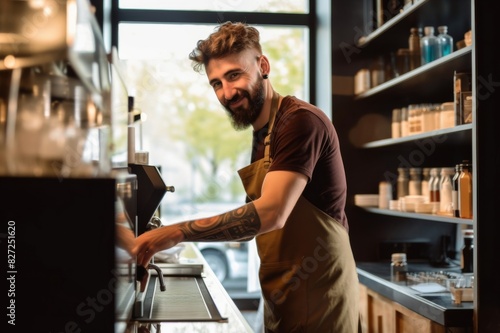 Young man working as a barista in a coffee shop