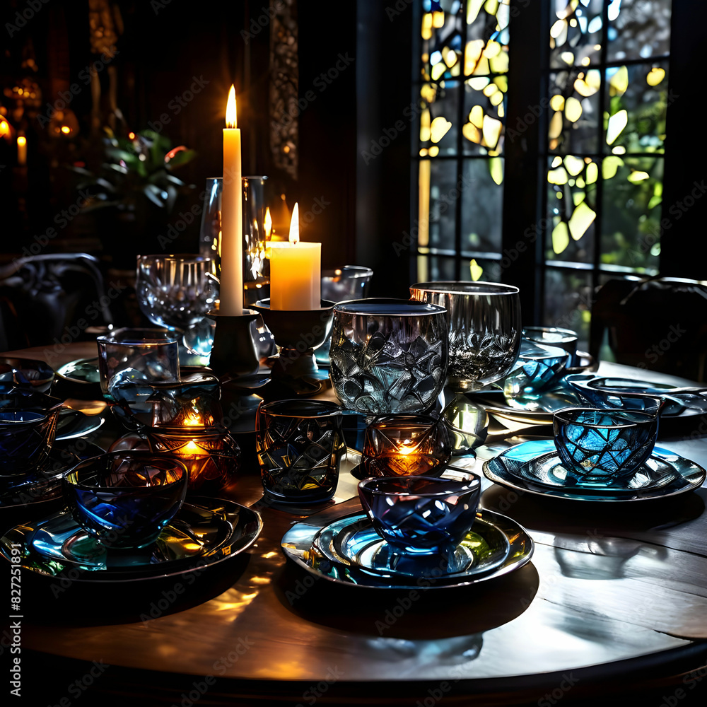 Stain glass crockery on the dining table, making an awesome view for candle light diner Stain glass crockery on the dining table, making an awesome view for candle light diner