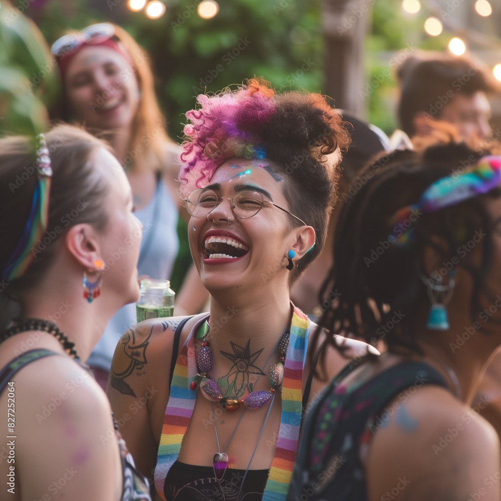 LGBTQ community members sharing a moment of laughter and joy at a community event LGBTQ community members sharing a moment of laughter and joy at a community event