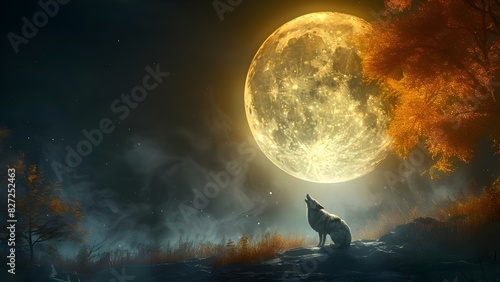 A lone werewolf under a full moon howling in a fantasy scene. Concept Fantasy, Werewolf, Full Moon, Howling, Lone photo