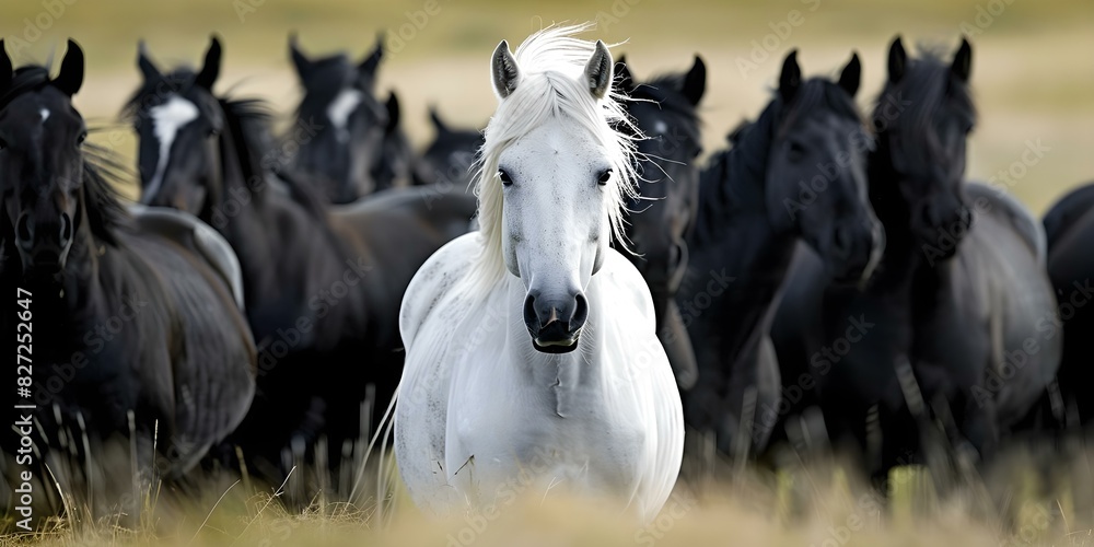 Obraz premium White horse stands out amongst a group of black horses outdoors. Concept Animal Photography, Contrast, Outdoor Photoshoot