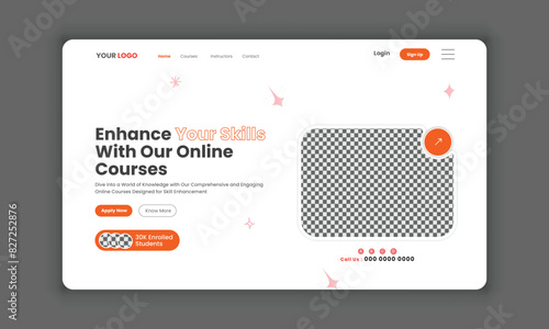 LMS website landing page or education landing page, course sale landing page, website homepage for online learning, website hero section banner design template.